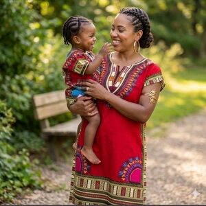 Vibrant Red Dashiki Tunic with Multicolor Print